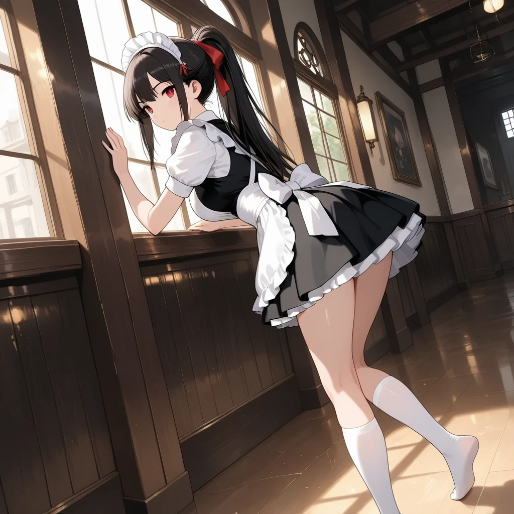 score_9, score_8_up, score_7_up, score_6_up, score_5_up, score_4_up, source_anime, 1girl, black hair, red eyes, w-w-chain, shackles, Hang a girl up, raise arms, On the ceiling, long hair, maid's outfit, black thigh high boots, heels, night, windows, dungeon, best quality, best res, 4K UHD,
 