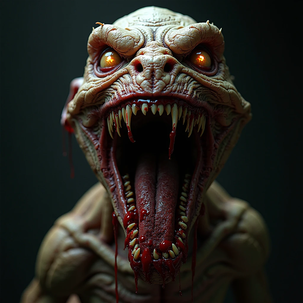 a mutated body horror snake, snake creature body horror, deadly mutated, radiated, ugly, scary, horror, dark, large snake, large fangs, beset quality, realistic, kodak photo, canon photo, nikon photo, <lora:add_detail:1> <lora:LowRA:1> <lora:reelhorror2:1>