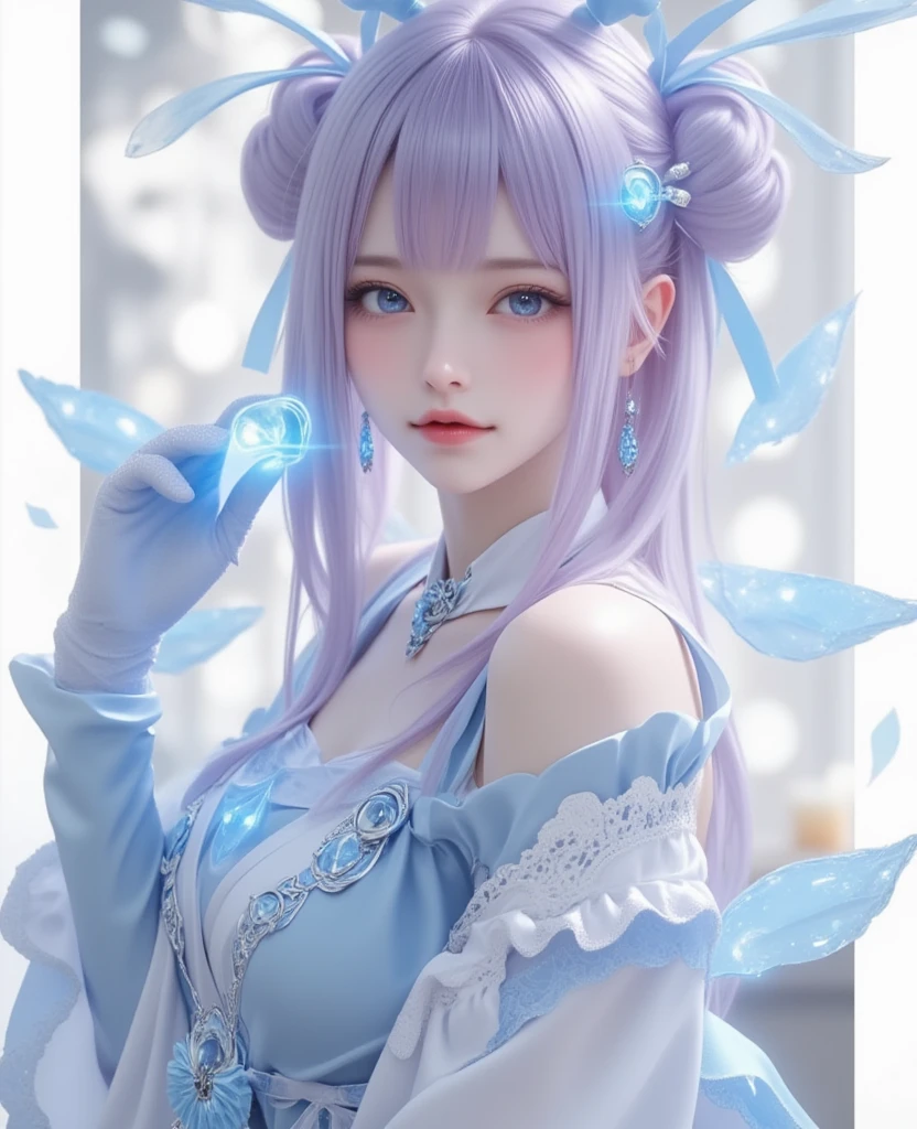 1girl, breasts, cleavage, elder sisiter, crescent, crescent_hair_ornament, dress, earrings, gloves, grey_eyes, hair_ornament, jewelry, long_hair, medium_breasts, puffy_sleeves, simple_background, solo, white_background, white_gloves