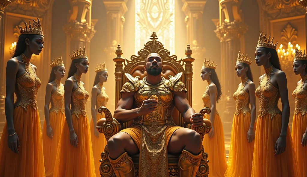 A handsome handsome man without a shirt, golden pants, winged crown, sitting on a king&#39;s chair, thin, white skin, in the desert, a desert palm tree behind a lake and a peacock with two leopards at his side, a rug under his feet, two men look at him, blowing on him with the palm leaf and a woman dances for him on his forehead.