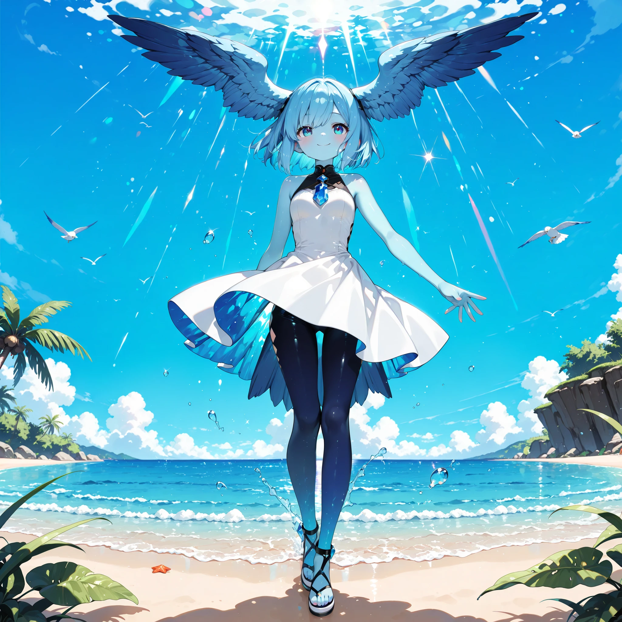 masterpiece, best quality, ultra detailed, anime style, 1girl, skyblue skin, blue hair, smooth skin from face to crotch, hairless, bird tail, skyblue bird tail, (large blue head wings:1.3), wearing a white dress, central gaze, smiling, extending hand, vibrant light, refreshing atmosphere, sunny beach, crystal clear water, blue ocean, gentle ocean breeze, bright daylight, sparkling sunlight, sfw