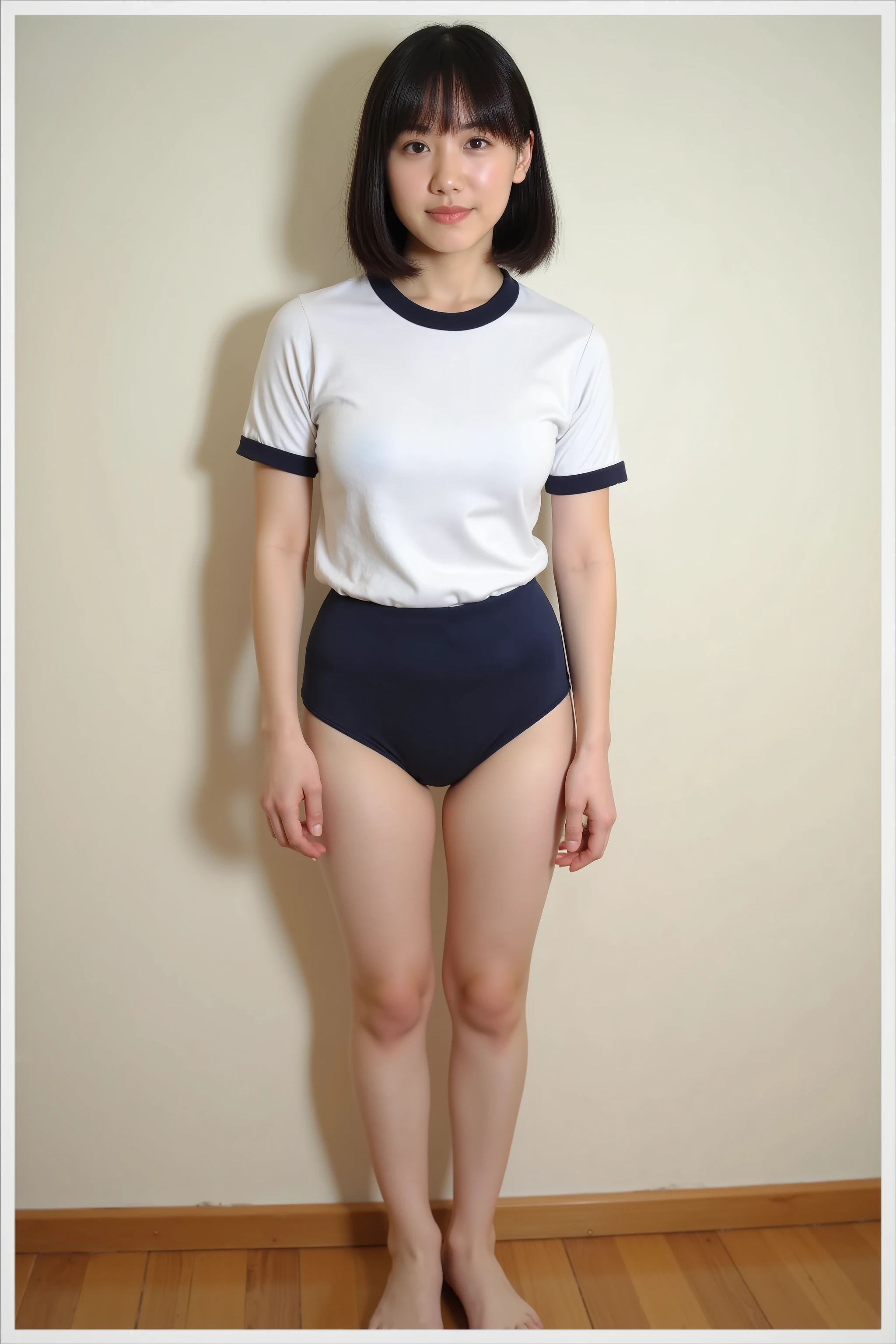 Korean woman in gym uniform full body standing, best quality, high detail, 1980s film 