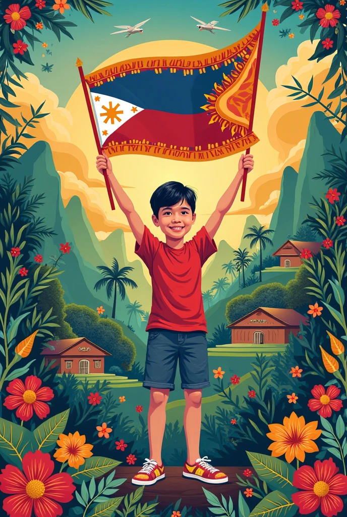 Filipino:liberating language a kid who is rising Philippine flag who are proud to be a Filipino and love her own language 