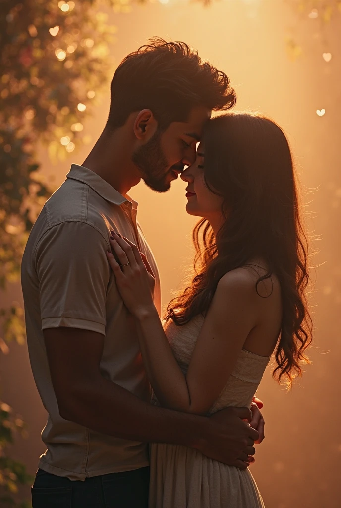 "Create a romantic scene of a couple kissing passionately. The girl is wearing a black T-shirt with the name 'Saloni' written on it, and the boy is wearing a white T-shirt with the name 'Himanshu' written on it. The boy's hand is gently placed inside the girl's T-shirt, adding an intimate touch. The setting should be soft and warm, with a close-up focus on their expressions and connection."