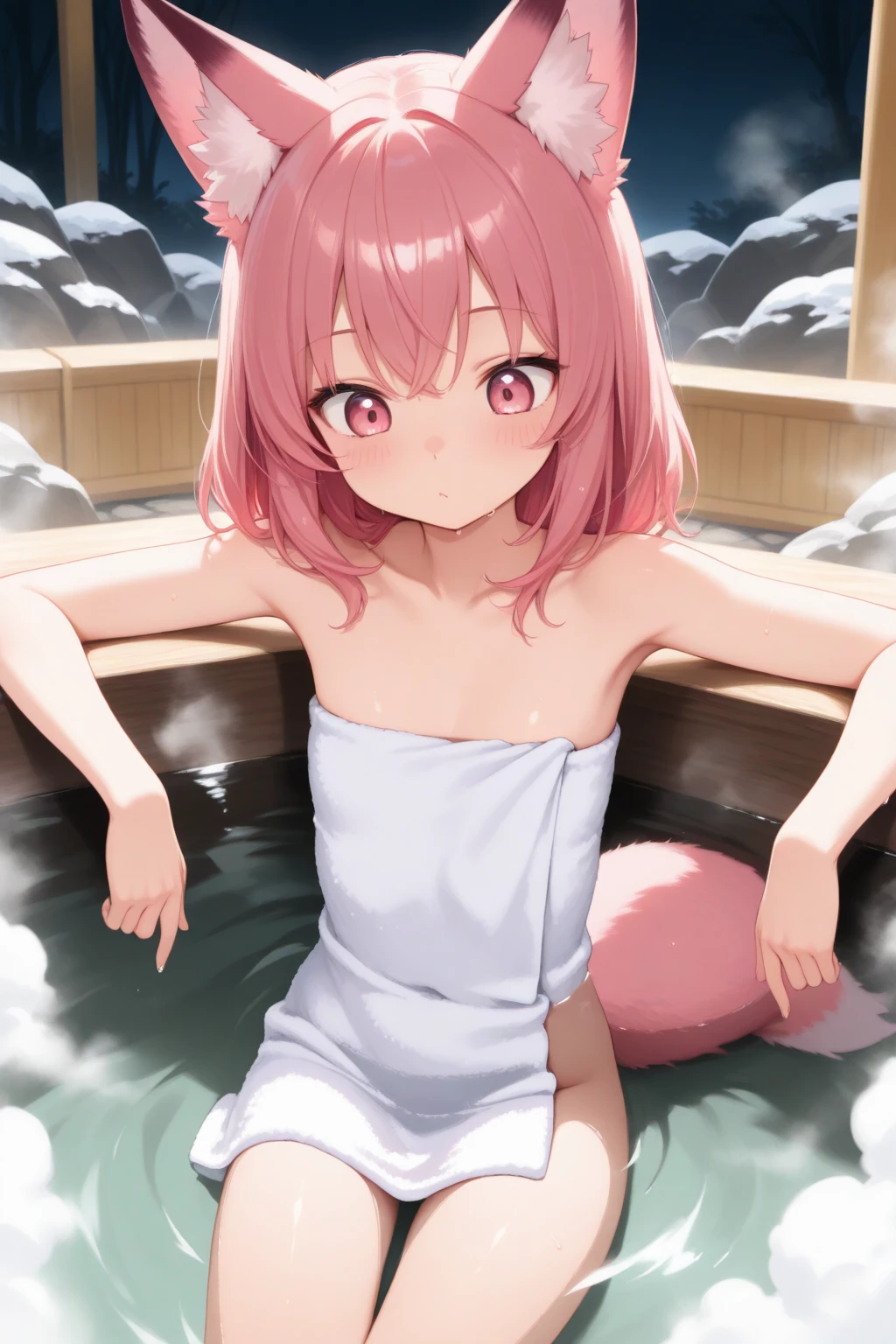 (masterpiece, best quality), 1 girl, hot spring, towel, sakura, onsen, blush, pink hair, horns, solo, off shoulder, wrist scrunchie, perfect anatomy

