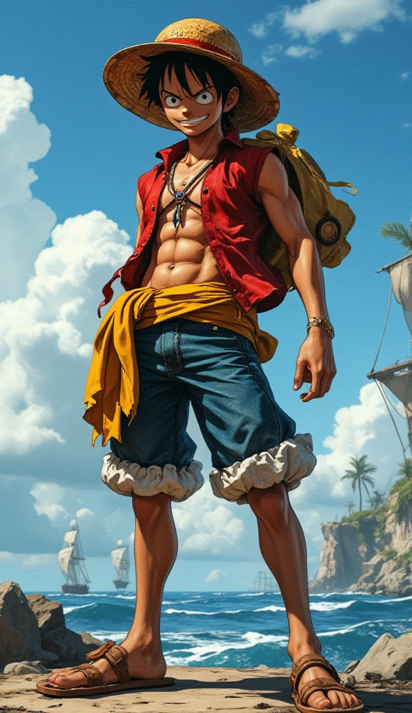 a dynamic pirate captain Luffy, detailed muscular body, intense expression, straw hat, red vest, blue shorts, sandals, mid-action pose, dramatic lighting, cinematic composition, vibrant colors, digital painting, concept art style, hyperrealistic, 8k, best quality, masterpiece
