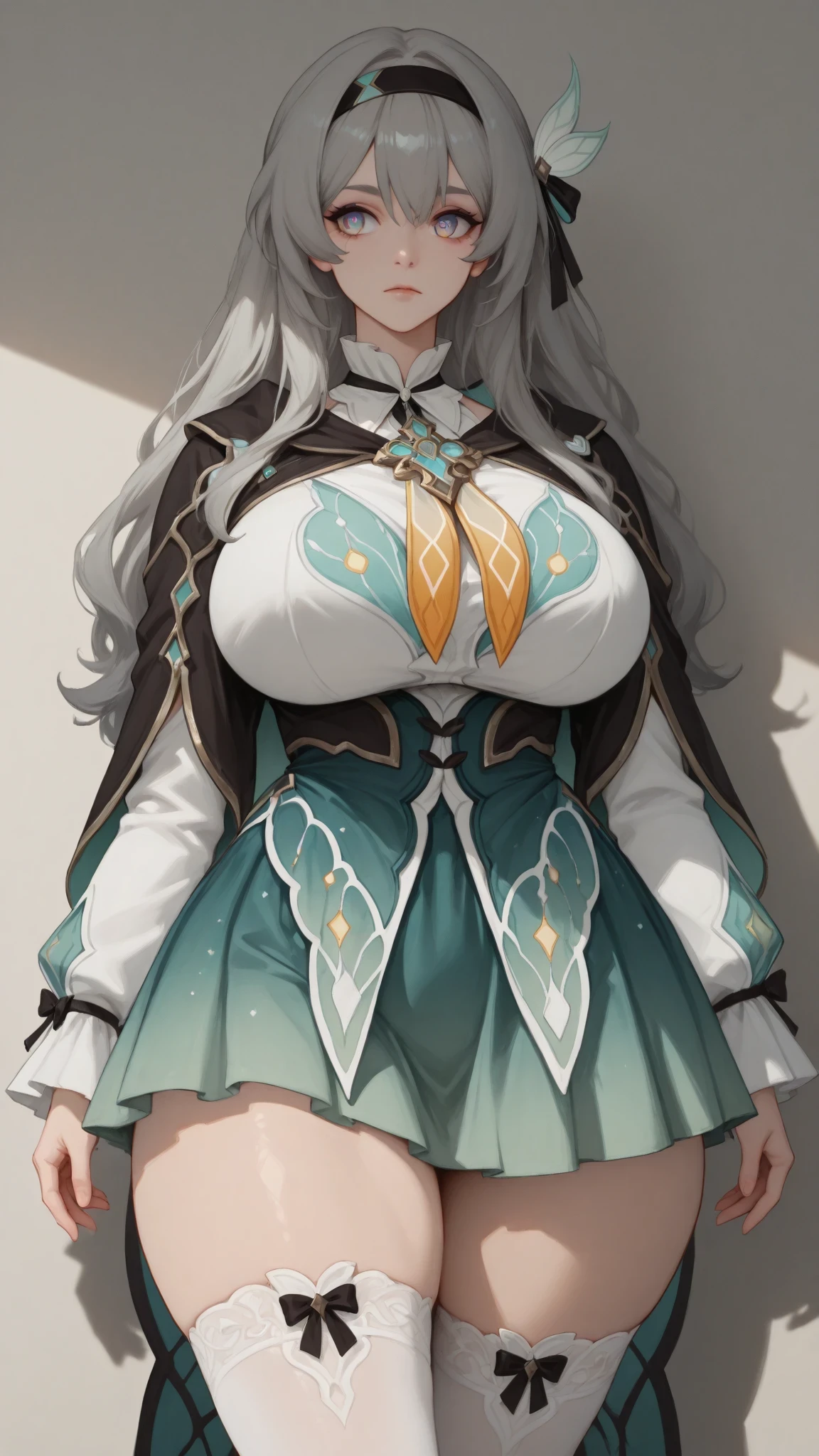 1girl,solo,close up, thick hair ,Clear facial features,beautiful girl,Japanese anime style,high quality,Master's Work,masterpiece after sex,Extreme Light and Shadow,Exquisite rendering,with super fine details,Top CG ,16K HD quality,fireflydef, jacket, dress, bow, hairband, hair ornament, grey hair
fireflycus, hairband, hair ornament, grey hair, <your custom outfit tags>
huge oppai,huge hips,(Anatomically correct)
aahotaru, long hair, grey hair, black hairband, hair ornament, hair ribbon, multicolored eyes, breasts, black cape, dress, long sleeves, green skirt,short skirt,thick thighs,white stockings