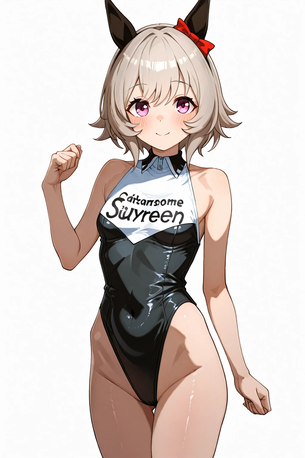 ((masutepiece, Best Quality, hight resolution, nffsw, Perfect Pixel, depth of fields, 4K, )), 1girl in, Solo, , Beautiful anime girl, Beautiful Art Style, close up, Looking at Viewer, Perfect body, side shot, Yuigahama Yui, Short hair, pink hair, pink eyes, hairbun, (large boob), side boob, sitting, black playboy bunny outfit, smile, hands on thighs, blank white background, shot from the waist up