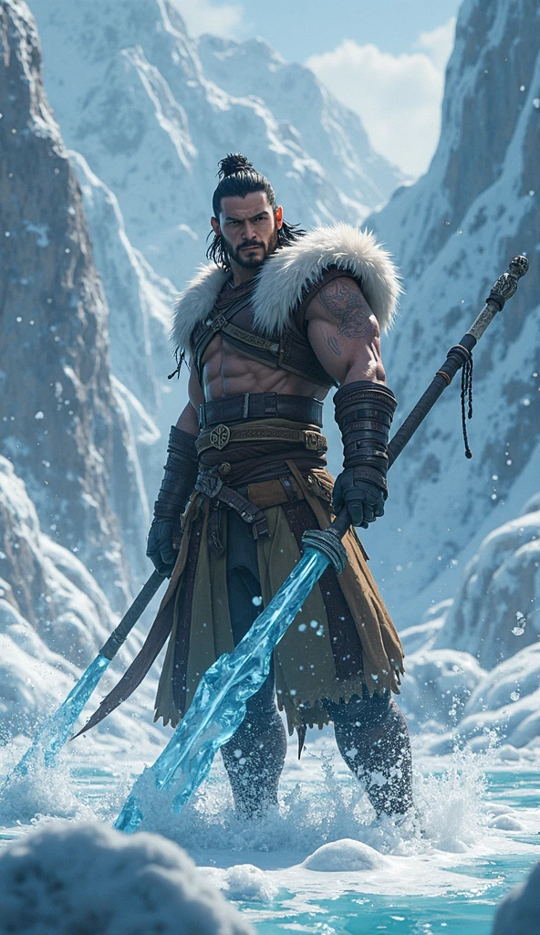 "Depict Ancient Apparition (Kaldr) from DOTA game in his Frozen Tempest attire, no having clothes,featuring intricate icy patterns and frost-covered chains, have massive k-cups, standing in the heart of a frozen lake with shattered ice floes and eerie, glowing mist."