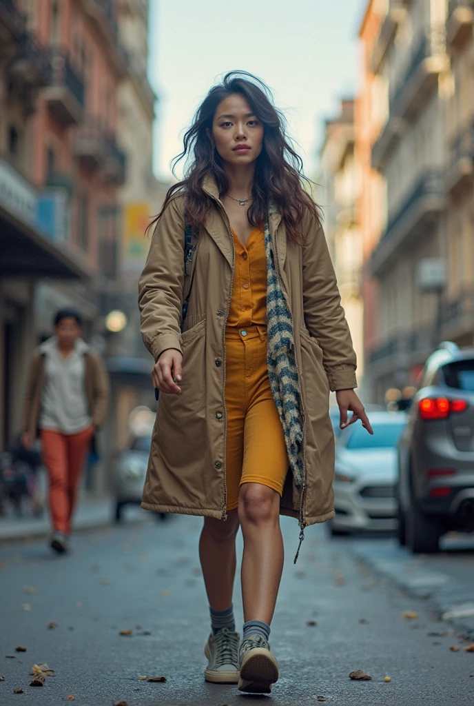 Create a beautiful girl who is walking on the street of New York