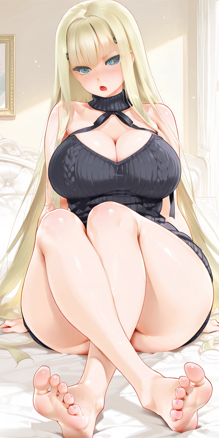 (((Solo)))、(((mature、Big Tits、naked、Erotic)))、High resolution, masterpiece, ((Slut))), Sexy Face, blue eyes, Swollen lips, Painted lips, Thick lips, Thick thighs, Huge fake breasts, Shiny skin,, Flower Hair Ornaments, jewelry, Earrings, choker, See-through, Oily skin, Intimidating,、(bed)、Pubic hair、(Fishnet tights、Pleated skirt、Sexy panties)、(Embarrassed)、Wet Skin、Sweat、(((Blonde、braid one's hair、Tie your braided hair behind your head，Put your braided hair up、Curly Hair)))、Gal-style makeup、Dark eyeliner、Black eyeliner、Heavy eye makeup、Eyelash length、False eyelashes、Eyelash length、Big black eyes、Big eyes、hibiscus、ＭCharacter splits、From below