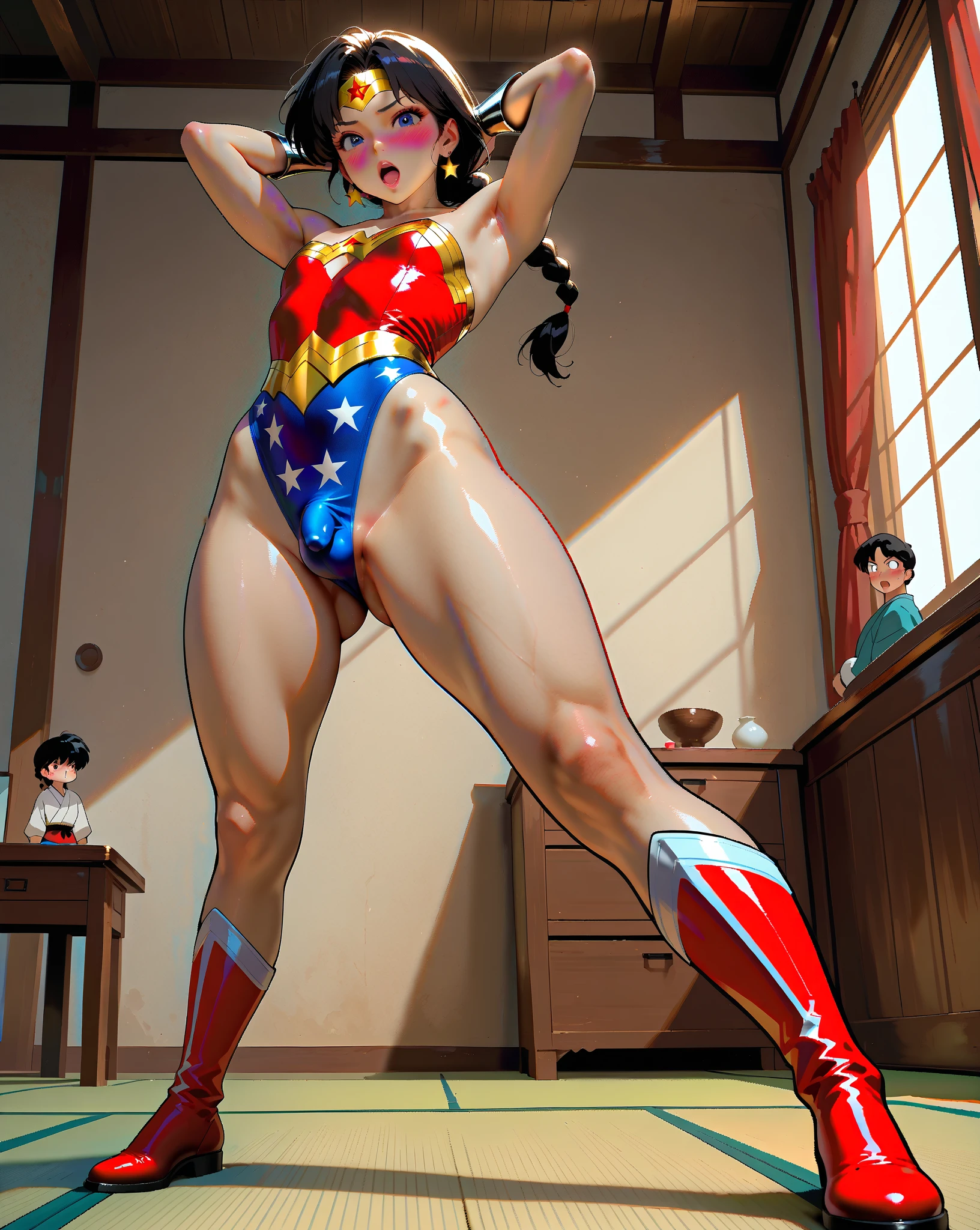 ((MULHER-MARAVILHA in the BALLET CLASS)), ((Emotional expression,expression of pain and despair, gritando de dor, Expression of suffering, olhos arregalados)), (Mulher Maravilha usando sapatilha de ballet, on tiptoe), ((WONDER WOMAN SUPERHEROINE WEARING FULL BALLERINA COSTUME)), (She's crying), ((ela tem cabelo preto, ela tem cabelo longo)), ((She wears a thick metal necklace around her neck...)), (obra-prima, melhor qualidade) 1.5, 1 garota, sozinho, (sexy, mulher bonita, rosto perfeito, olhos perfeitos), corpo inteiro. ((She's wearing starry lace panties)), ((She is dancing classical ballet, classical ballerina pose, tears running down your face)), ((Shibari)), ((rope bondage)), ((arms behind the back)), ((Totalmente amarrado)), ((Fortemente contido com cordas)), (((Emotional expression,expression of pain and despair, gritando de dor, Expression of suffering, olhos arregalados, expression of fear, corpo se contorcendo de dor))), ((full body view))