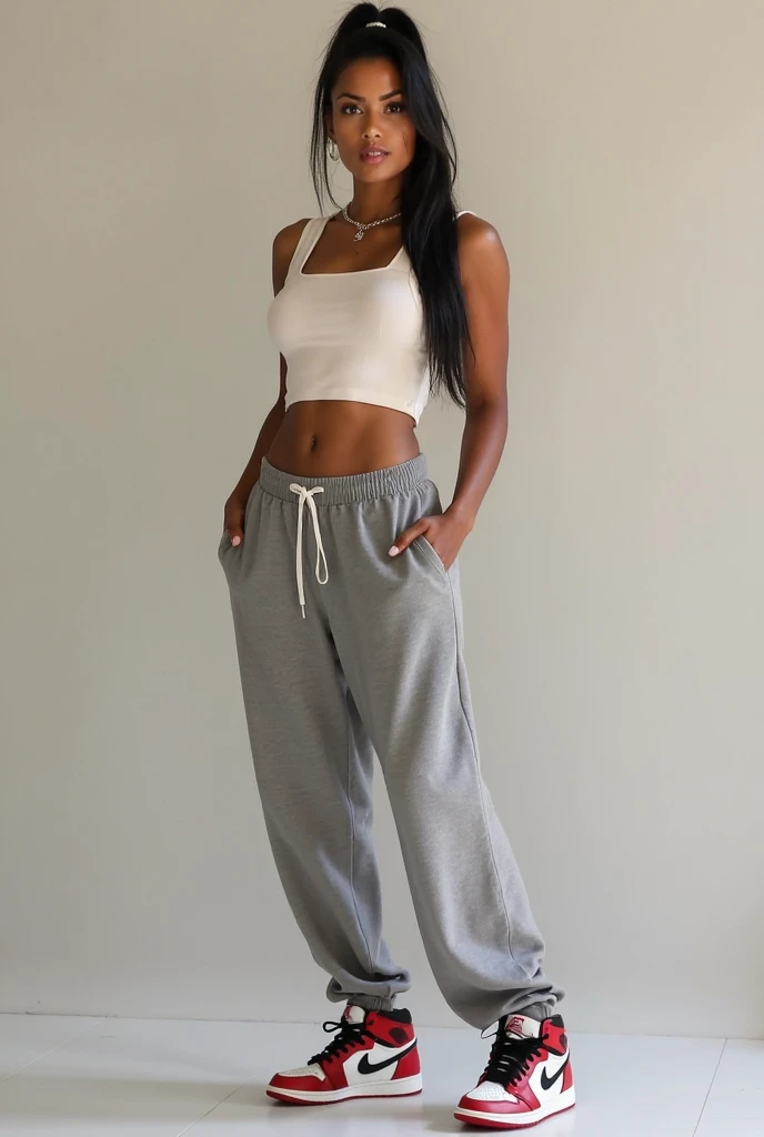Girl: Age: 23 Height: 175 cm Nationality: African American 1. Face: Face shape: Oval face with smooth, dark skin of a warm chocolate hue. Eyes: Large brown eyes with long lashes. The gaze is soft and calm. Lips: Full, expressive lips of a natural dark pink color, with a slight smile. Nose: Straight nose with rounded nostrils, of neat shape. Hair: Medium length, white in color. 2. Figure: Body type: Average height with a feminine figure and smooth curves. The waist is well-defined, hips are rounded, creating an hourglass silhouette. Breasts: Size 3, natural shape. Shoulders: Slightly sloped, giving the figure a softer appearance. Legs: Slim, long legs with toned muscles. 3. Clothing: Top: White lace sports top. Bottom: Wide gray sweatpants that accentuate the figure's curves. Shoes: High white sneakers. 4. Pose: A dynamic pose. 5. Location: Background: A gray brick wall on a street. Lighting: Studio lighting. Details: Some bricks are broken. Mood: Cozy and calm atmosphere, the girl appears relaxed and enjoying solitude. don't blur the background
