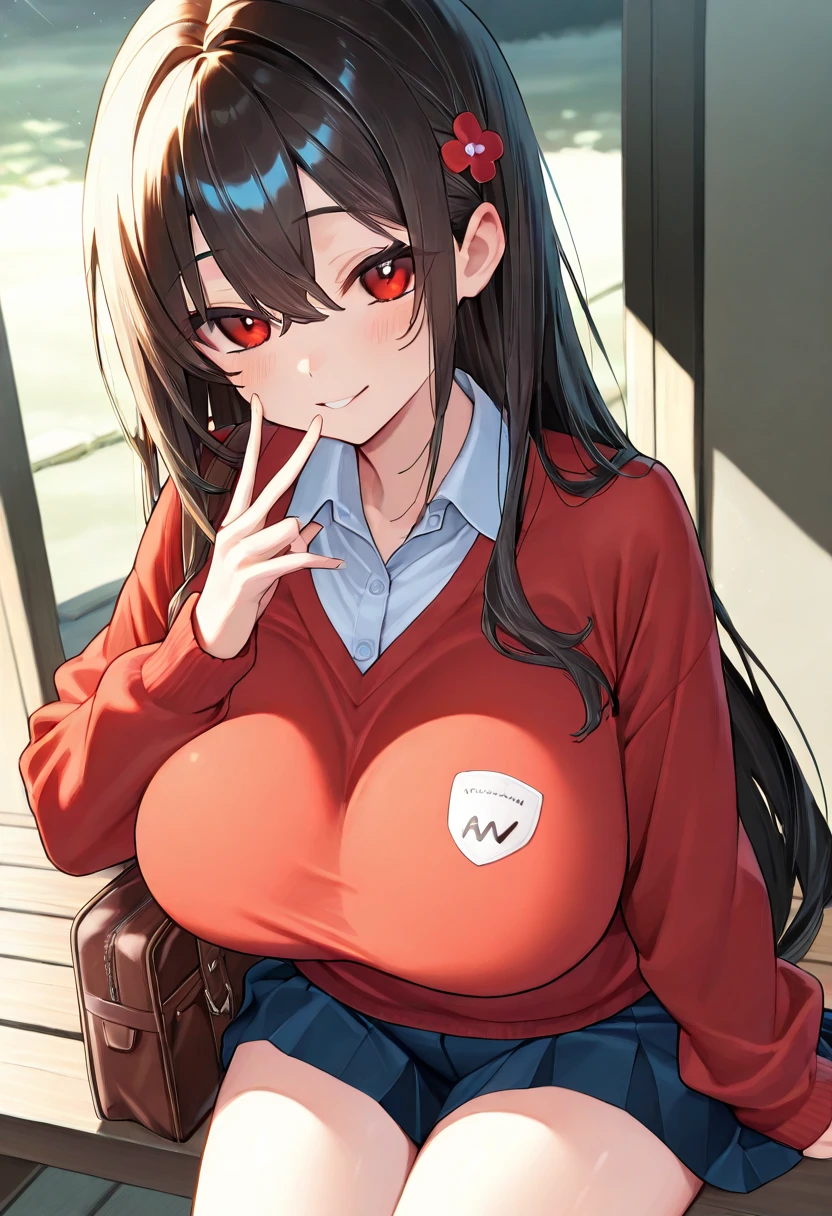 1 girl, alone, Chizuru Mizuhara, masterpiece, highest quality, 8k wallpaper, detailed and beautiful eyes, 1 girl, long hair, chest, looking at the viewer, blush, brown hair, brown eyes, large chest, medium hips, Baggy thighs, red hoodie,