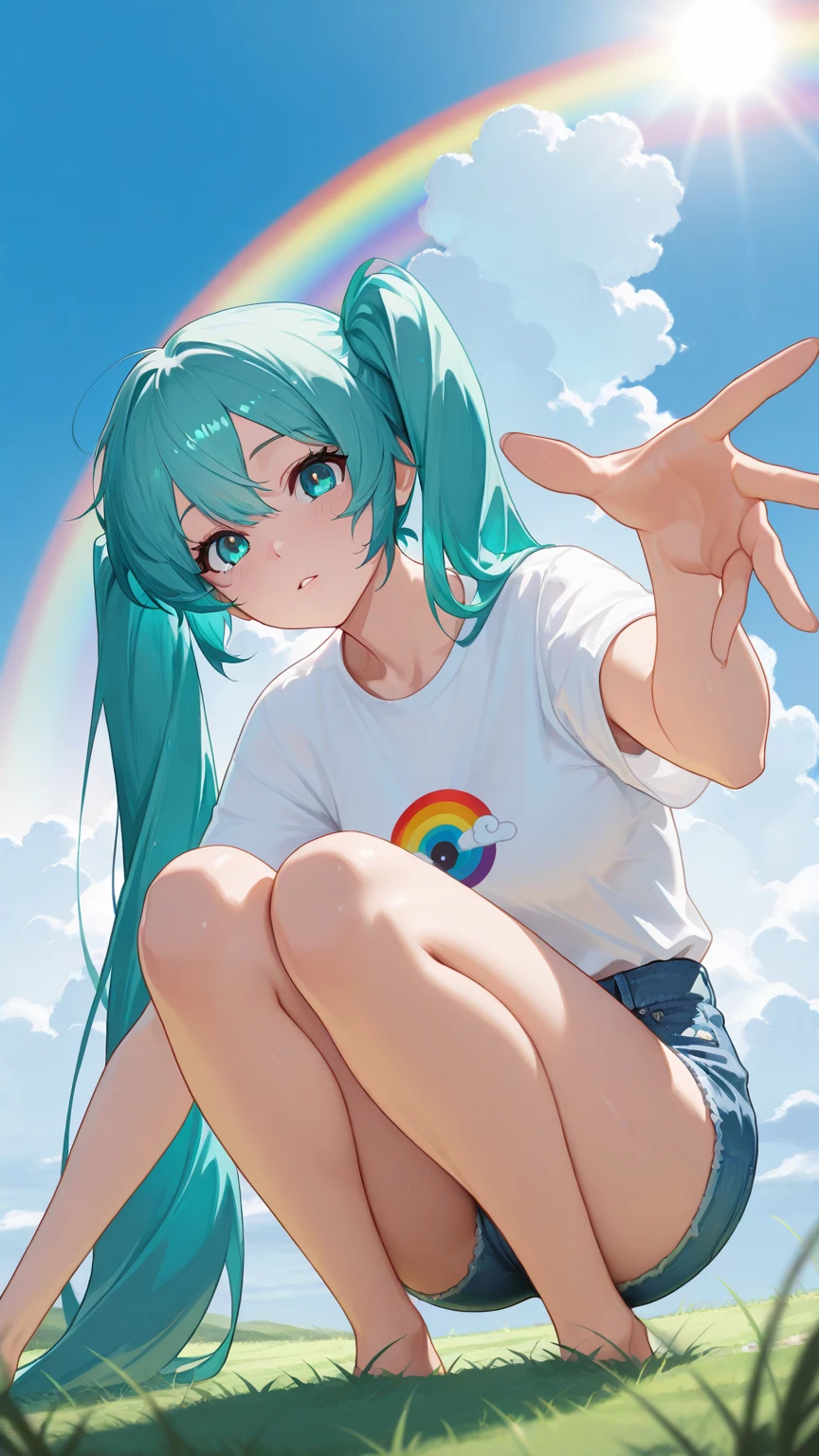 best quality, masterpiece,girl,1girl, aqua_hair, bad_id, bad_pixiv_id, blush, buruma, gym_uniform, hatsune_miku, long_hair, mono_(recall), solo, twintails, very_long_hair, vocaloid