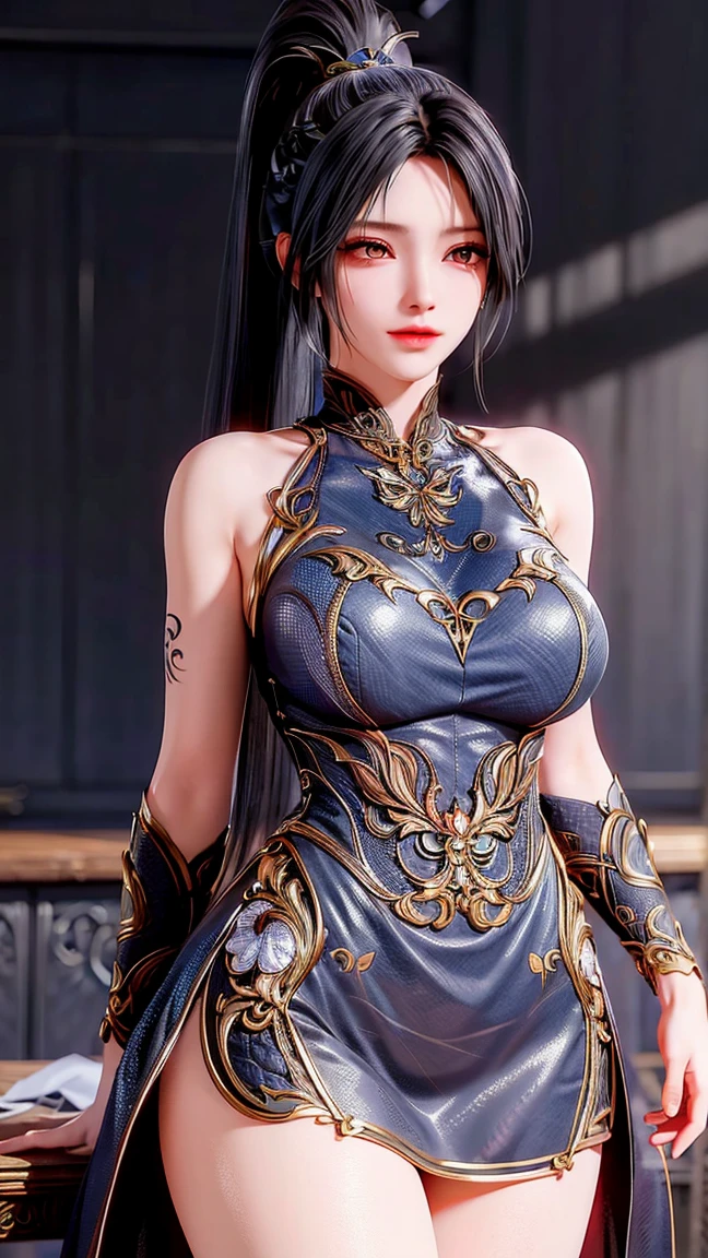 (masterpiece, best quality), 1girl, beautiful face, beautiful body, <lora:GAME_Archeage_ownwaifu:1> GAME_Archeage_ownwaifu,www.ownwaifu.com, black hair,breasts,lips,short hair,medium breasts,bangs,blue eyes,blunt bangs,braid,hair bun, cleavage,hair ornament,armor,thighhighs,dress,shoulder armor,black dress,earrings,jewelry,lace,long sleeves,