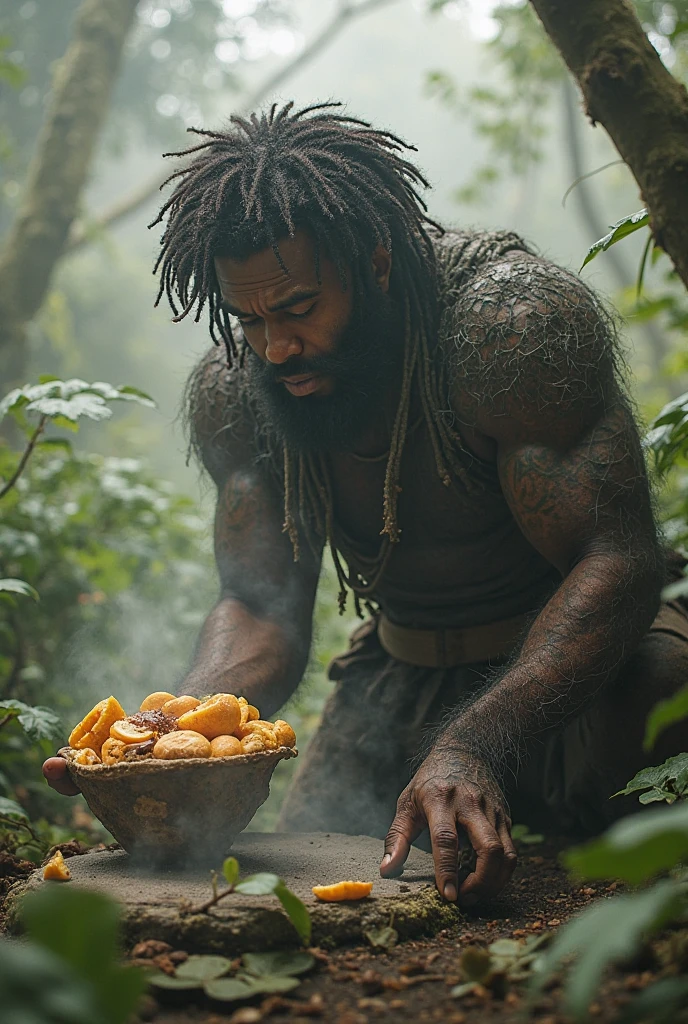 (Best quality), (super fin), (Masterpiece), illustration, (Jeune homme), in the forest, chaman, peau noire, Wearing the shaman decoration, Prier，In front of you is a huge KFC burger,