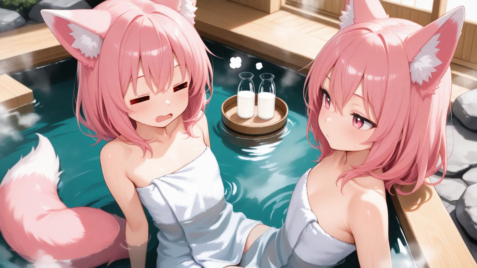 highest quality、masterpiece、((2 girls:1.5))、((smile:1.3))、(blush:1.3)、((fun!!))、(Small breasts)、(night)、Blonde、((naked:1.5)),、Kamimei、Pink、look at me、 ((hot spring))、 Taking a break from watching the audience、Cowboy Shot、、Light blue eyes、long hair、Glowing Eyes