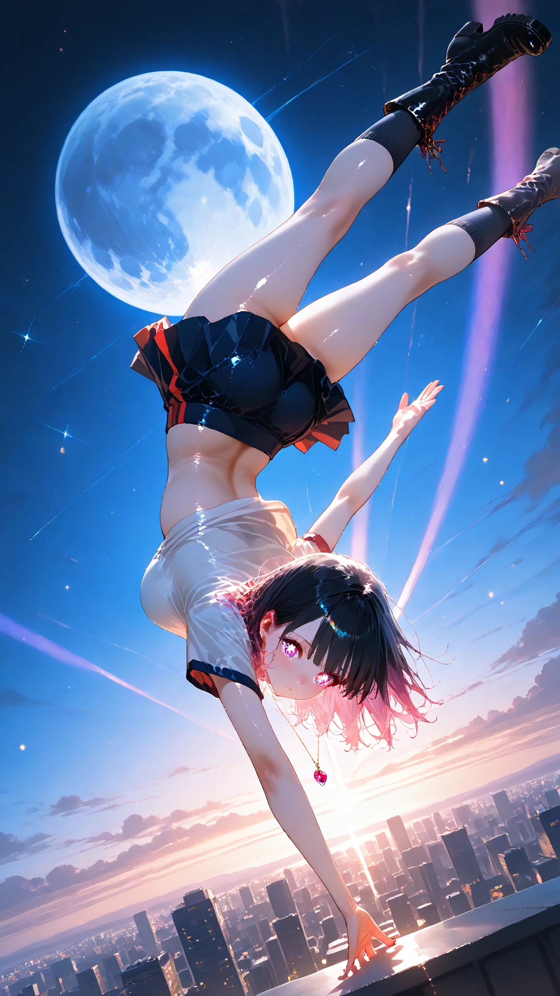 2girls, standing_split,standing solit, full body, standing_on_one_leg, masterpiece, best quality, very aesthetic, absurdres, ,on the rooftop of a tall building,glowing stardust frontground,fantasy,sparkling,fireflies,