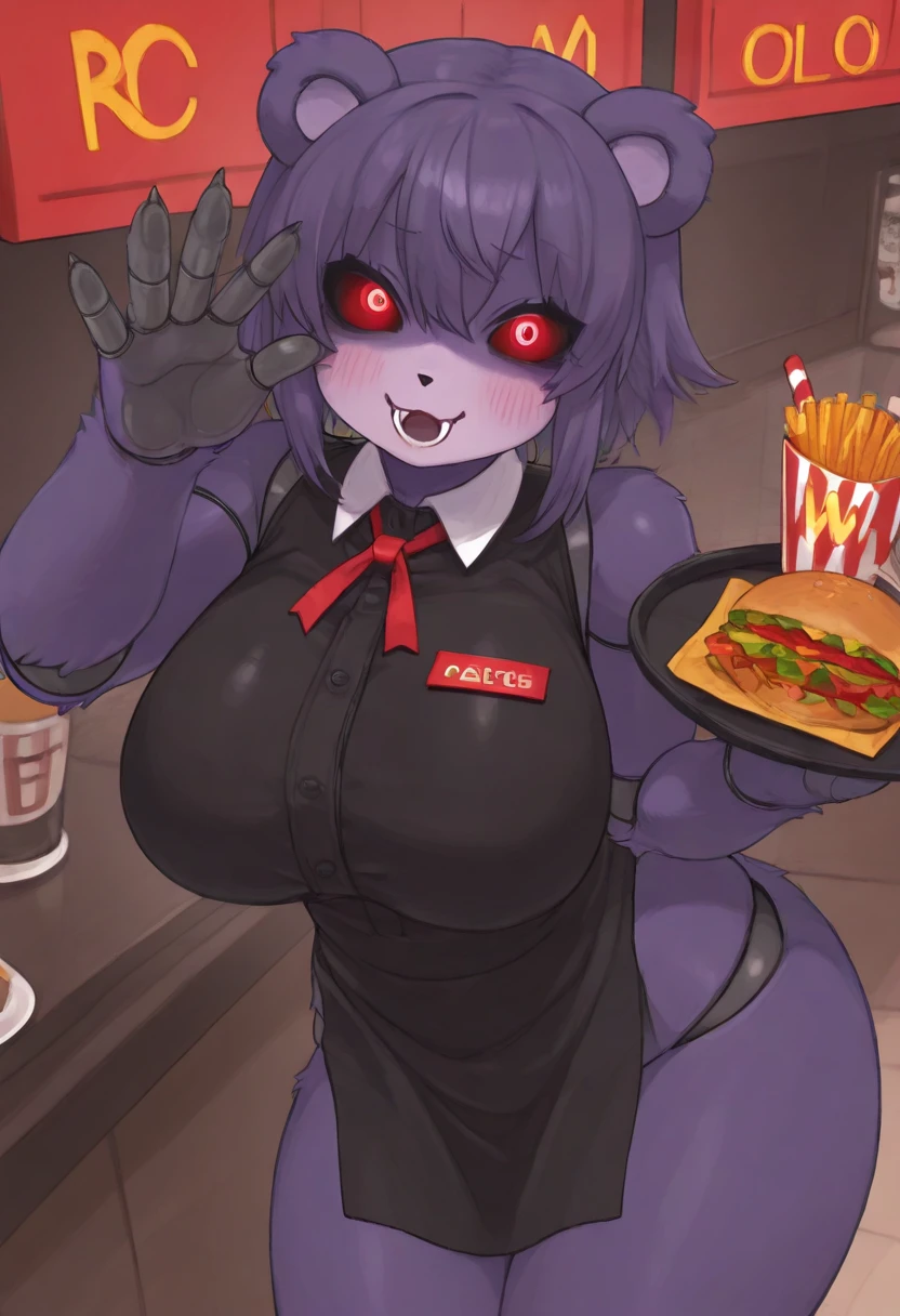 Beautiful picture), (Masterpiece), ((((Solo)))), ((big breasts)), (curvy), (sexually suggestive), (wearing latex bunny suit), perfect hands, sexy legs, (pouting), (bored), (holding a tray of food), (stockings), (demon horns), at a restaurant, (tight clothes),