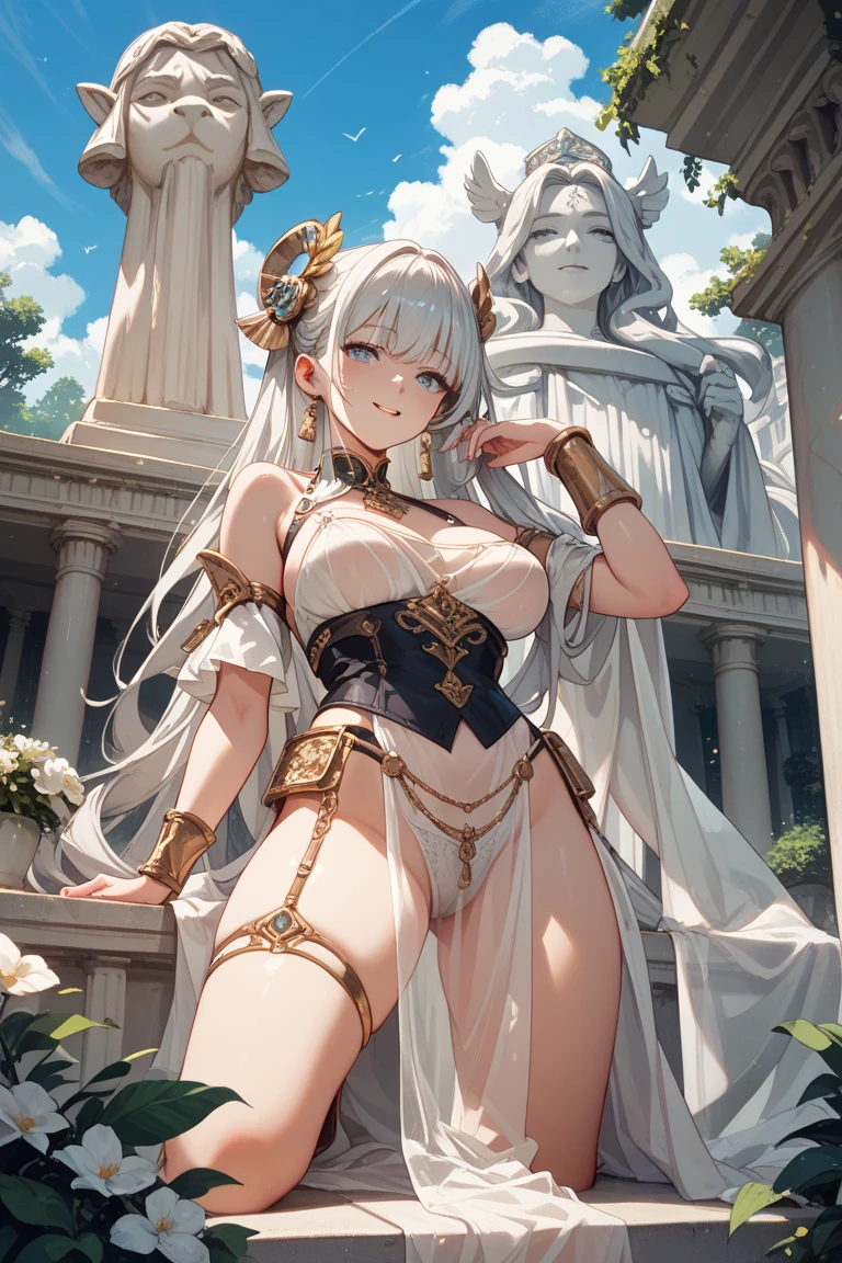 1girl large breasts,Greek goddess,Vi delicate and beautiful face,grey hair,red eyes, Various hairstyles,Garland crown,voluptuous breasts,Convex buttocks,greek clothes,Tulle covers the breasts,perfectly proportioned, Detailed clothing details,Temple,marble,god statue,World Tree,Cinematic lighting, filmgrain, Fujicolor, lightand shade contrast, 8K, 巨作, Textured skin, Super detail, high detailing, High quality, A high resolution