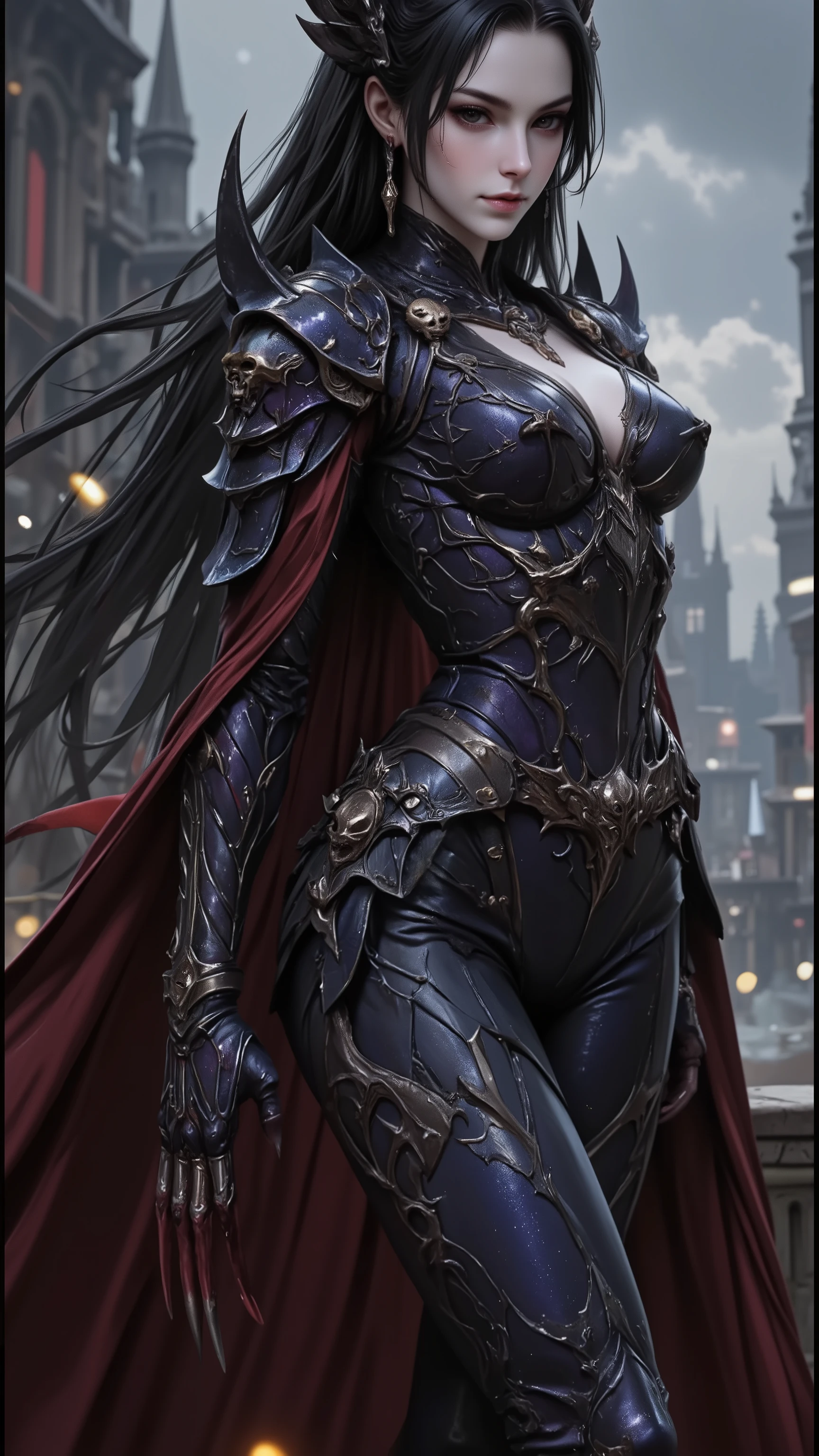 perfect proportions,masterpiece,intricate detail, Exquisite Face,Artwork,   best   ,high resolution,   Fantasy Style   ,high resolution8K CG壁紙。
Beautiful woman。 perfect appearance ,perfect physique。Tall。Pale Skin Bloodless。Floating Black Hair Flowing Like a Waterfall。Pitch black eyes， black iris，black pupil。A cold face，Cold expression。Dark tones。

Wearing a Gorgeous Delicate Dark Blue Purple Full Body Covering Armor，Armor dotted with dark red and brass details，Decorated with skulls and decorated with wings，shoulder armor with a large amount of skull decoration。Broken blood-red cape。Emphasizes the curves of her body。Emphasizes the curves of her legs。

The arms are armed with metal wolf claws，Like the paws of Wolverine，Blood-stained。

Standing in the dark、confusion、Dark City of Sin。Cloudy sky，It's raining
