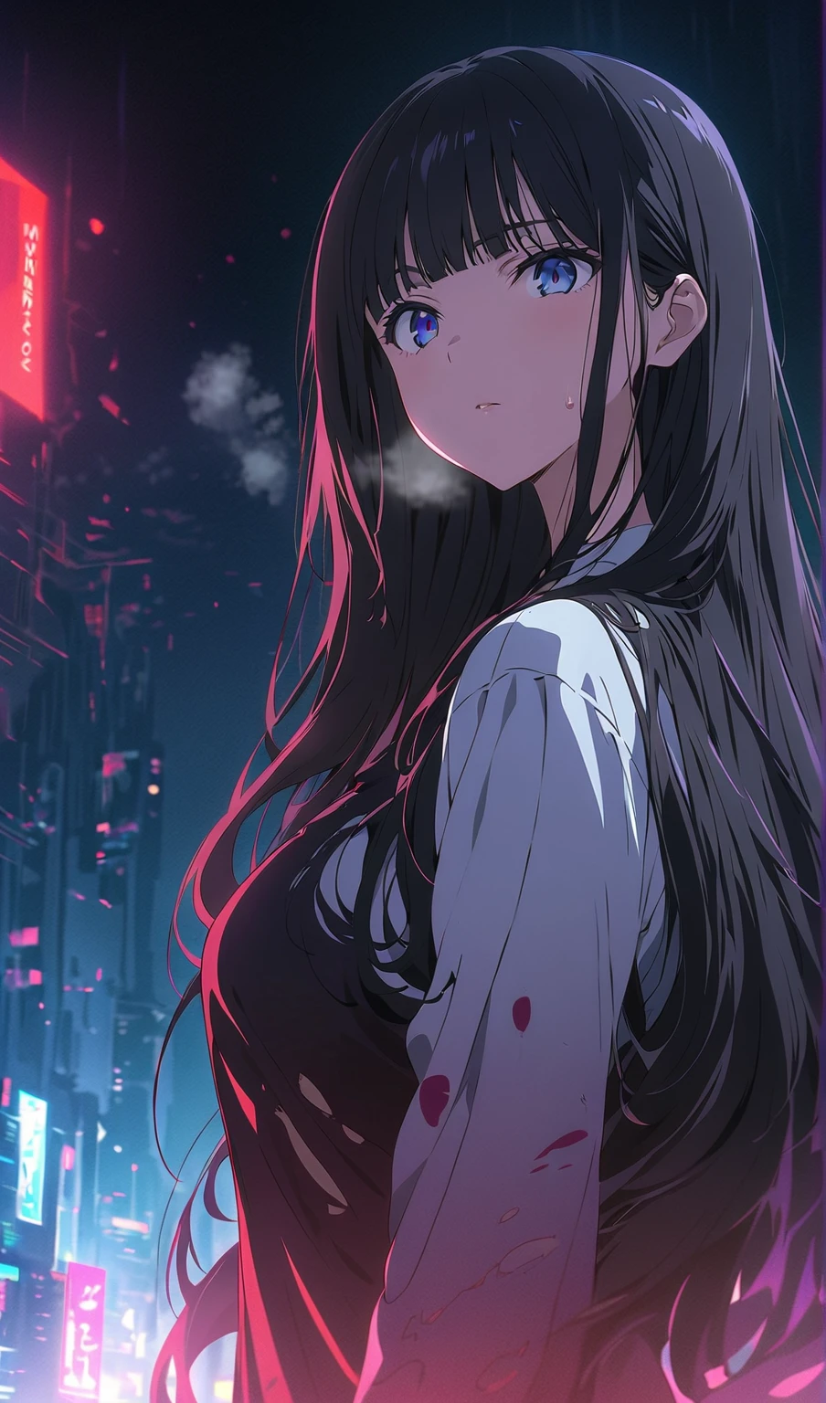 ，masterpiece, best quality，8k, ultra highres，A rainy night，The protagonist stands alone on the roof of a tall building。Large dark clouds obscured the light of the full moon，There was a mist in the air，There is a chill between breaths。The thin figure of the protagonist is reflected against the bleak background，He looked down at the letter in his hand，The eyes revealed deep pain。