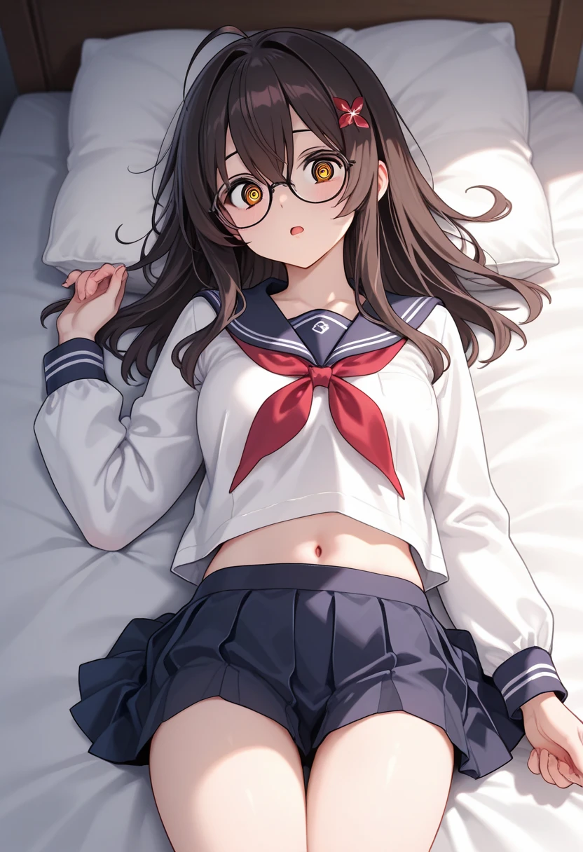 best quality, masterpiece, highres, solo, {mochizuki_kantaicollection:1.15}, long_hair, brown_hair, glasses, brown_eyes, red-framed_eyewear, semi-rimless_eyewear, serafuku, crescent, black_serafuku, blush, under-rim_eyewear, 1girl, looking_at_viewer, lying, school_uniform, on_stomach, pillow, skirt