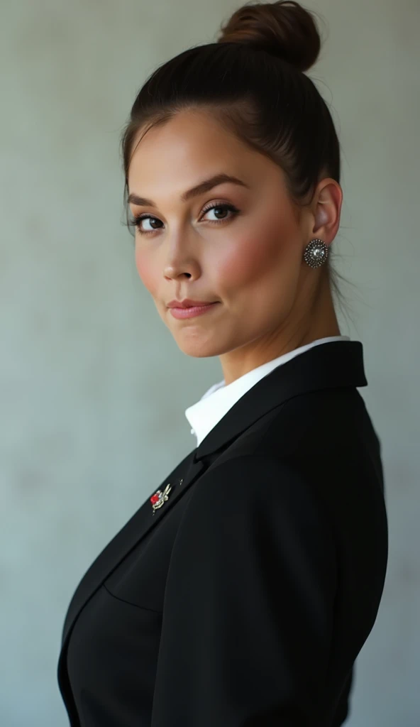a beautiful picture of s4shagXL, <lora:s4shagXL:1> detailed skin texture,masterpiece, photorealistic, woman, 4k, backlighting, light, RAW color photo,(fully in frame:1.1), (blush:0.5), (goosebumps:0.5),brunette, detailed face,city streets,subtle smile,wearing a uniform