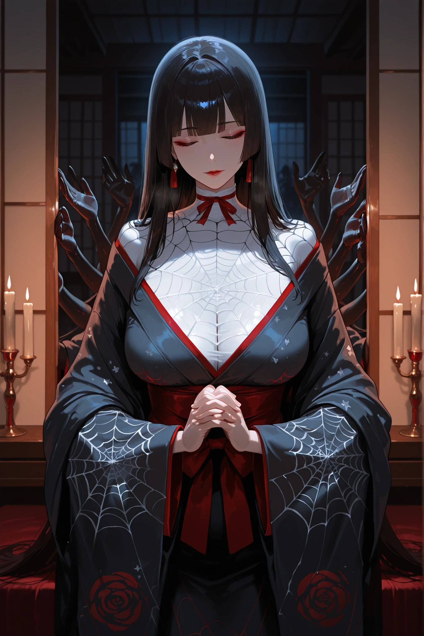 A woman with dark hair. Long, straight hair. Straight bangs. Closed eyes. Japanese kimono. Spider web costume. Layered clothing. Multiple arms. Hands clasped together. Multiple arms . Horror arms. Dark room. Japanese architecture. Candles. Candlesticks.