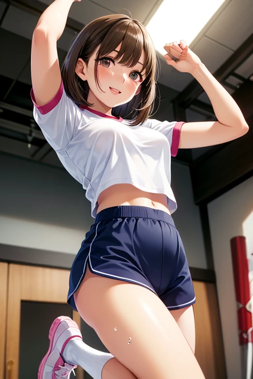 Highest quality, Soft Light, Ultra-high resolution,young woman, alone, sexy, (An inviting smile), (Pale yellow eyes), Beautiful face in every detail,(High resolution detail of human skin texture), (Brown short ponytail), Sportswear,Blue shorts,Lean forward and look at the viewer,（Sweat:1.3）,Stretch your arms wide