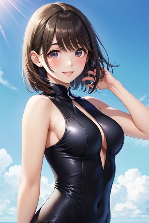 1个Giant Breast Girl, Brown hair,short detailed hair,eBlue eyes,full bodyesbian,Wearing black transparent dress with translucent cloth, V-chest clothes, see-through cloth, flowing salmon silk, translucent silky dress, flowing magical flesh robe, translucent cleavage dress, Sexy lingerie camisole, silky garment, flowing pink silk, Draped in flowing fabric, flowy fabric，(tmasterpiece, Best quality at best, high qulity, A high resolution, ultra - detailed)