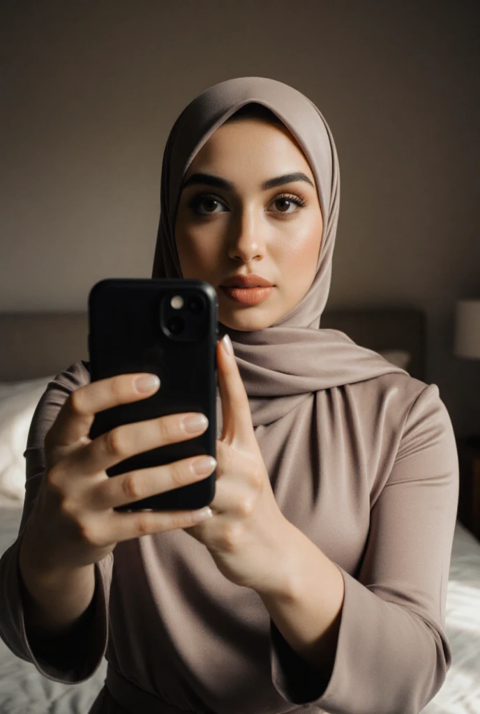 Woman dressed as a Muslim with the face of actress Kendra Spade, taking selfie with front camera