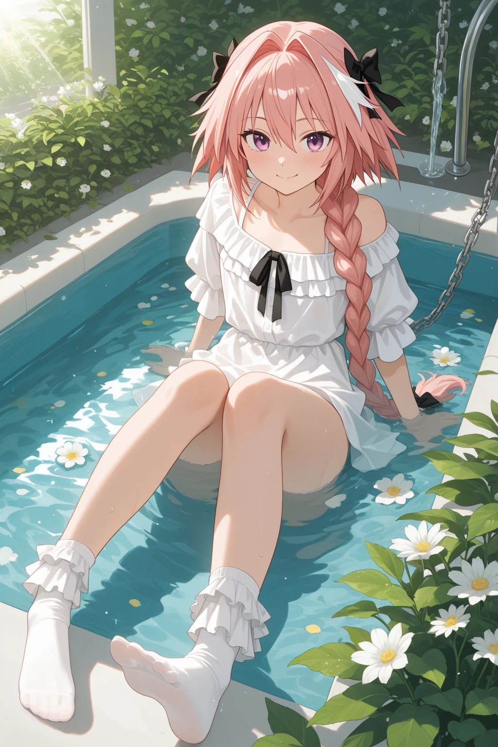 masterpiece, best quality,1girl, solo, flower, pink hair, hair flower, long hair, in container, hair ornament, barefoot, looking at viewer, smile, short sleeves, blush, bangs, white shirt, shirt, closed mouth, pink eyes, submerged, bare legs, ass, white dress, artist name, minigirl, legs up, bubble, from side, frills, full body, bottle, english text, dress, pink flower, ribbon, puffy short sleeves, white flower, puffy sleeves, skirt, leg ribbon, looking to the side, water, sparkle, thighs, red flower, thigh strap, lying, head tilt, air bubble, white background, perfume bottle,bow, jar, transparent, leg up, wavy hair, petals, underwear, knees up, short dress