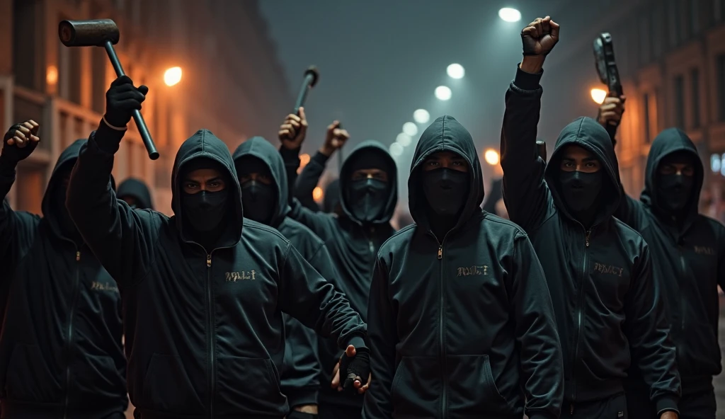 Roadman UK, wearing a ski mask, wearing a drip jacket, realistic, wearing black gloves, surrounded by roadmen, badass poses,6 people,all posing for the camera, shadow,close up of 6 people