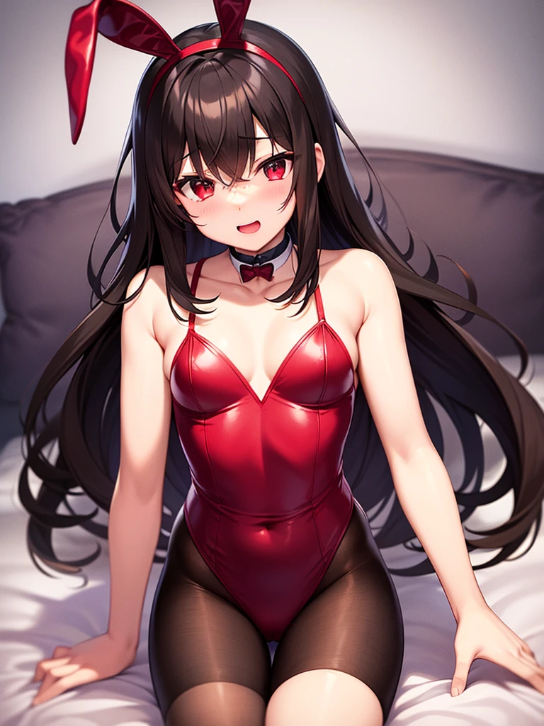 masutepiece, Best Quality, 1girl in, (karen),Red color hair, (red eyes:1.2),((bunnygirl))、((Leotard))、((embarassed expression))、((Bedroom))、((long boots))、((rabbitears))、((pantyhose))、