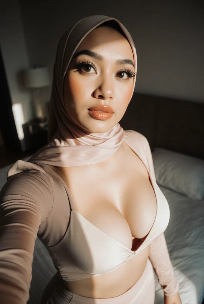 1 matured malay girl in hijab wear sexy wet pinky lace bra and panties kneeling, on the bed, nighttime, full body, close-up, seducing, big sagging breast, cum on face, on the bed, (8k, RAW photo, best quality, masterpiece:1.2),(realistic, photo-realistic:1.37),