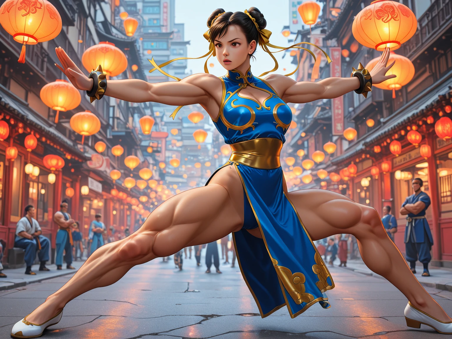 ((Mujer basada en el personaje Chun Li)), pechos grandes, caderas medianas, ((ultra realista)), TM Ninja Blanco, Iconos, colores vibrantes, Estilo vectorial, arte digital, 4k, Detalles intrincados, Hipnotizante, Hecho profesionalmente, Beautiful vector illustration, 12K Resolution, ....3D, Todos los personajes detallados en longitud completa, ((Altamente detallado)), ((vibrante)),((Calidad ultra alta)), ((hiperrealismo)), ((fotorrealismo)), [Representation of Octan] , en la ciudad, muchos coches (realista)