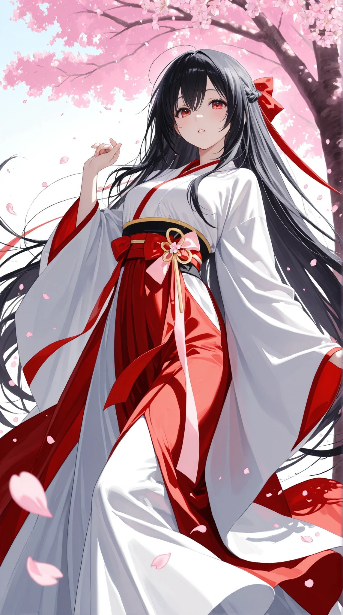 1 girl、black hair and very long super long hair、The girl sings with an ephemeral staring expression、Clothes are beautiful Japanese white kimonos、Cherry Blossom Petals Dancing、under the cherry tree、 whole body、from afar、from afar、full background