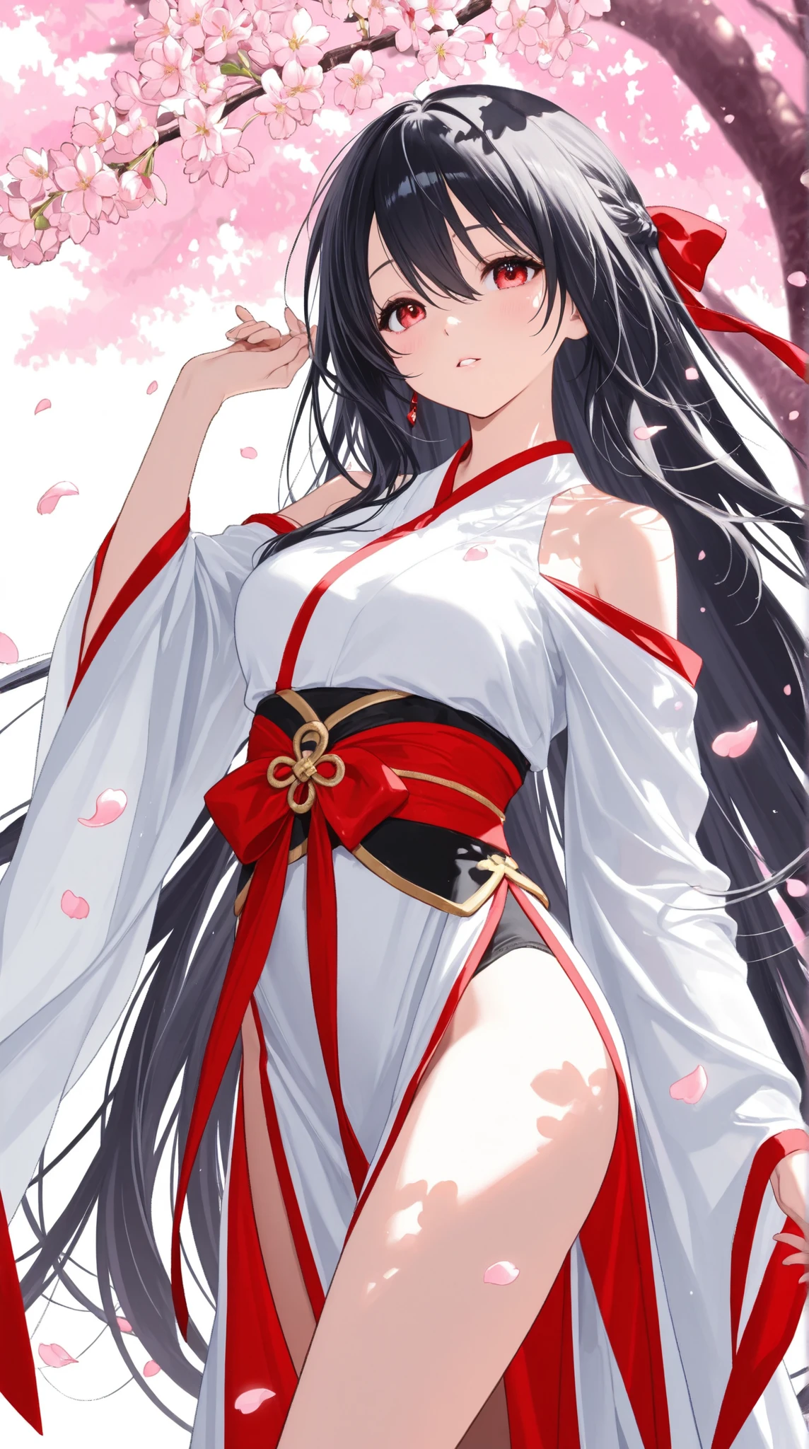 1 girl、black hair and very long super long hair、The girl sings with an ephemeral staring expression、Clothes are beautiful Japanese white kimonos、Cherry Blossom Petals Dancing、under the cherry tree、 whole body、from afar、from afar、full background、Slightly exposed