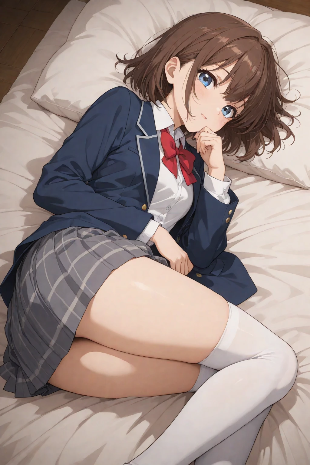 finest, masterpiece, High resolution, (Full body view from head to toe), Composition from slightly below the front, Symmetrical, 18 years old, slim and beautiful girl, alone, (small breasts), (not wearing shoes),long messy brown hair, bangs, (black tights), (black pantyhose), (sitting on the floor with legs apart), (Pose with legs spread on the bed), tied up with both arms hidden behind the back, (Composition showing white panties), (her legs spread、I can see white panties.), blush, shy big eyes, looking at camera, blazer uniform, plaid pleated skirt