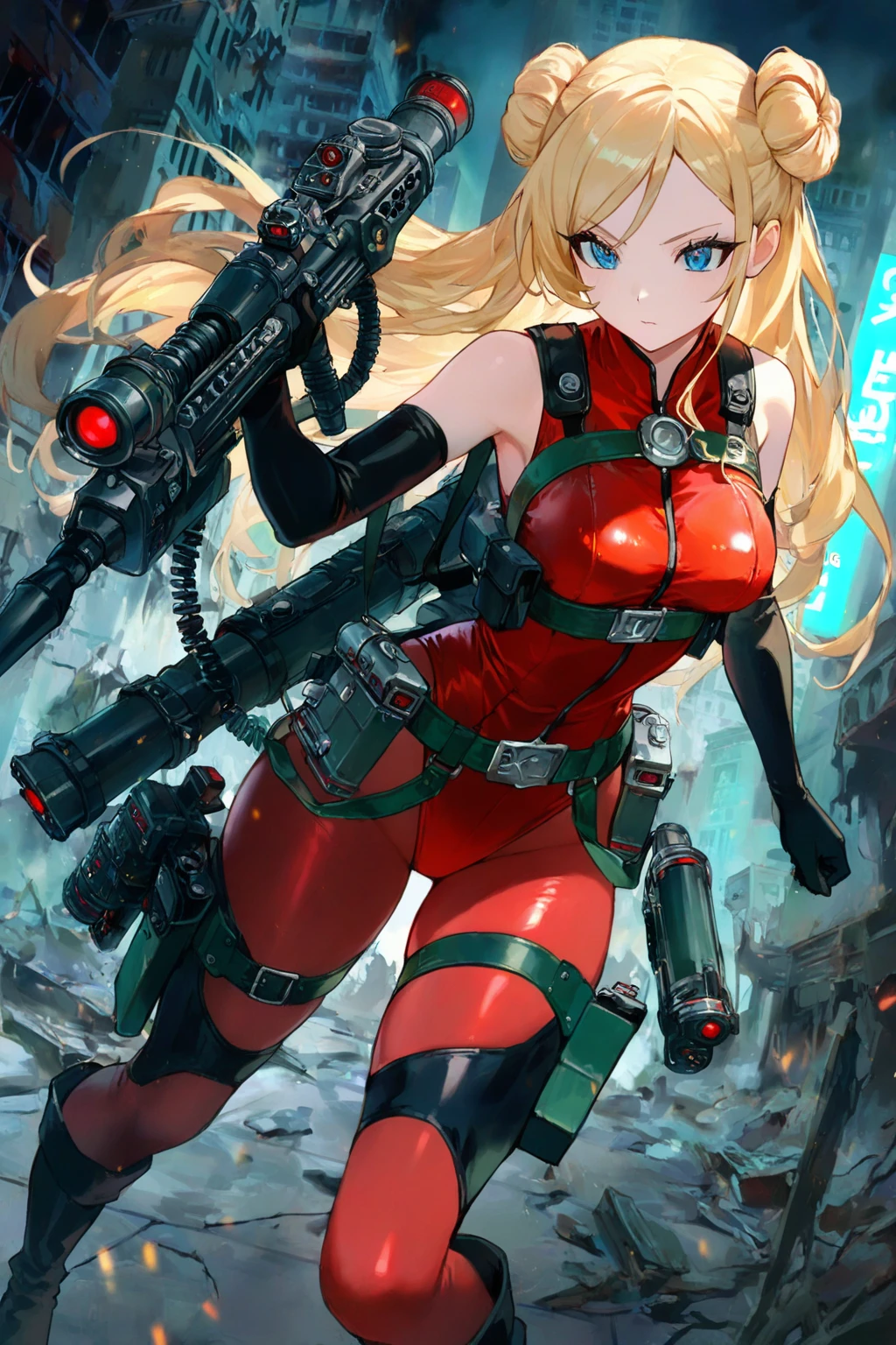 A very energetic Retrouse , (A very energetic Retrouseのとがった乳首:1.0), (A very energetic Retrouseのとがった乳輪:1.0), (Wearing a mechanical armor suit:1.3), Visible navel, Visible thighs, (Focused on a small dynamic 21 year old woman with a laser gun:1.3), (A woman dynamically aiming a laser gun at enemy troops:1.3), (Detailed Warzone battle backgrounds:1.3), (petite and short stature:1.0), (thin waist:1.1), (blondeのポニーテール), (dynamic action angles:1.3), (Laser gun with realistic and accurate details :1.3), (Surrealistic intricate sharp details:1.2), (contrasting light:1.2), (it's raining:1.2), (Wet:1.4), (at night:1.2), (Accurate reflections:1.2).camel toe、huge tit、nipple puff、cleavage、Psycho Gun、cobra、(Red Suit、blonde)、片腕がPsycho Gun、spiritual energy、earrings、earrings、necklace、thick lips、heterochromia、bangles、Caster wheel、first round、hair charm、lip gloss、shoot