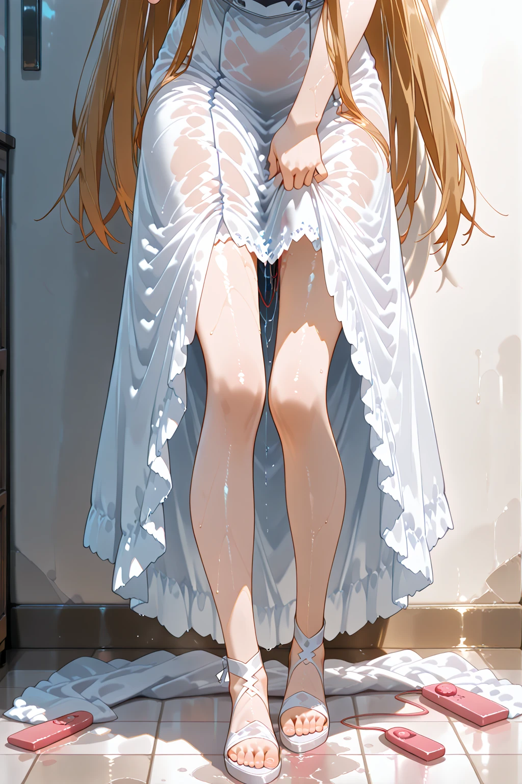 6 year old girl underwear, Realistic panties made of patterned cotton fabric, Medieval One Piece Long Dress, Fabric Realism, Low Angle, You can see the drawer, Pull up the hem of your dress with your hands, Strong winds, Translucent slip, Translucent slip, tights、Peeking from below, highest quality, Crotch close-up,