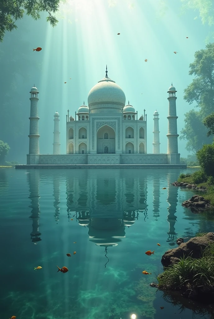 Create a glass ball, inside floating small earth with trees ,change background to the polution world with small people. Three floating planet ,blur background,inside sun and moon, and future world, few buildings and tajmahal
