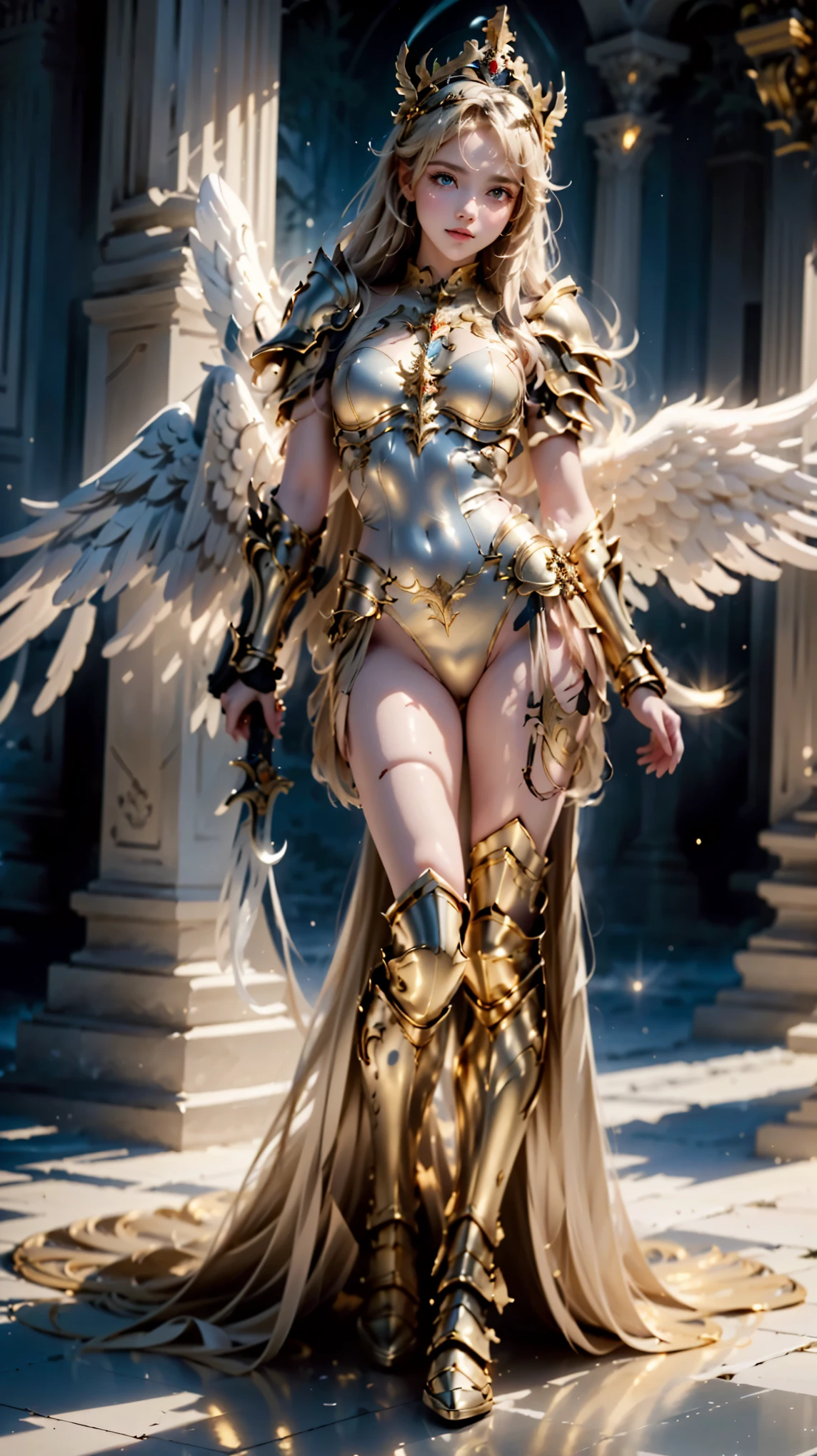 (((The goddess Athena was defeated by the devil and lost her left arm and right leg.。Her lost left arm and right leg are converted into a mechanical body, transforming her into the ultimate goddess of victory.。悪魔にrevengeする)))、(masterpiece:1.3), (8K, Realistic, RAW Photos, Best image quality: 1.4), (Highest quality、masterpiece、Ultra-high resolution、(Realistic:1.8))、(((Fair skin、Goddess Athena、Super-elderly angel、revenge)))、(((Huge pure white angel wings on the latissimus dorsi)))、(((Golden Staff)))、 ((Gothic Costume、White Goth Fashion、Gorgeous Dress))、(((Golden Necklace))) , One person、(Two arms, Perfect Fingers、Beautiful fingers)、Wear highly detailed futuristic mech battle armor, Ultra Future City, Absurd, Highly detailed bodysuit, Cyborg Girl,Hyper Gigantic Mechanical Arm,Dynamic pose