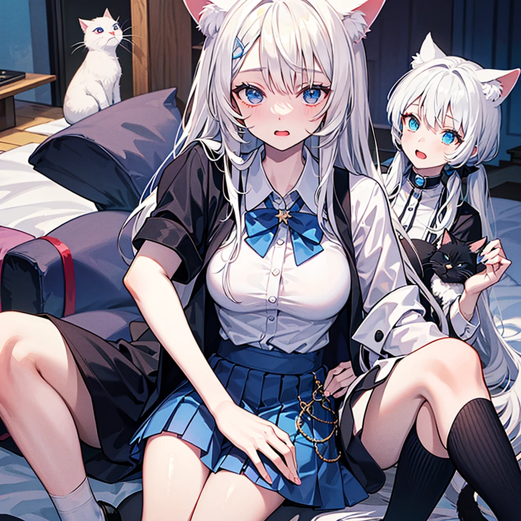 masterpiece,highest quality,1 girl,alone,elf-v2,elf ears,slanted eyes,black pantyhose,model,thin,forget,sitting,crossed legs,only, gray eyes,Her short platinum hair was tied up in two buns.,black shirt,looking at the viewer,full body