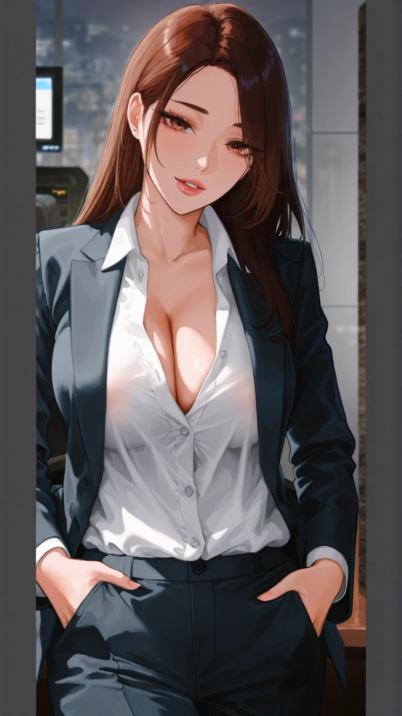 NSFW, obra-prima, melhor qualidade, ultra-detalhado, semi-realista, detailedfacialfeatures, protagonista, 3girl,usando roupa terno granfino, voluptuosa, sensual,cabelos negros longos,roupa escura,terno feminino arrojado,arrogante,Business Executive,bonita e sexy