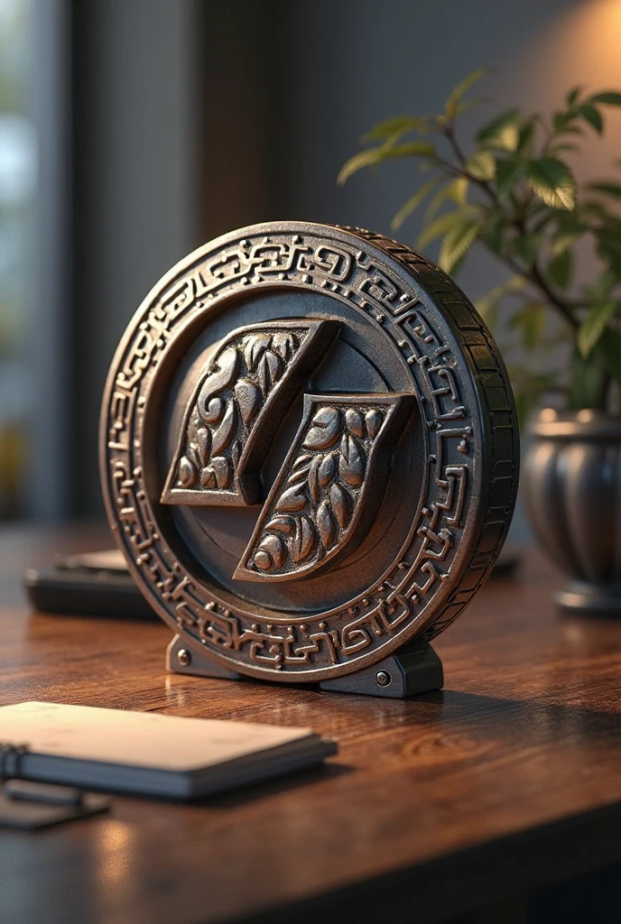 A closeup of a golden emblem with a circular design, 3D logo, rendered in keyshot, studio-quality smooth rendering, letter Z, projected in blender, 3D substance, gold inlay, excellent detail, symbol, CGSsociety award, medium closeup photo, insignia, golden elements, in ultra high detail style, rendered in corona