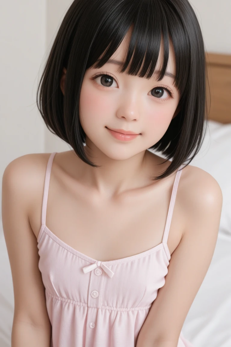 One girl, Fluffy short hair,Black Hair,smile, summer, room,Bed,Lying on your back,pink,Sleeveless,Unbutton it,Innocence,5th grade elementary school,Look here,front,pinkのタンクトップfront,transparent, (masterpiece, Highest quality), Soft Light, Structure of the film, Like a movie