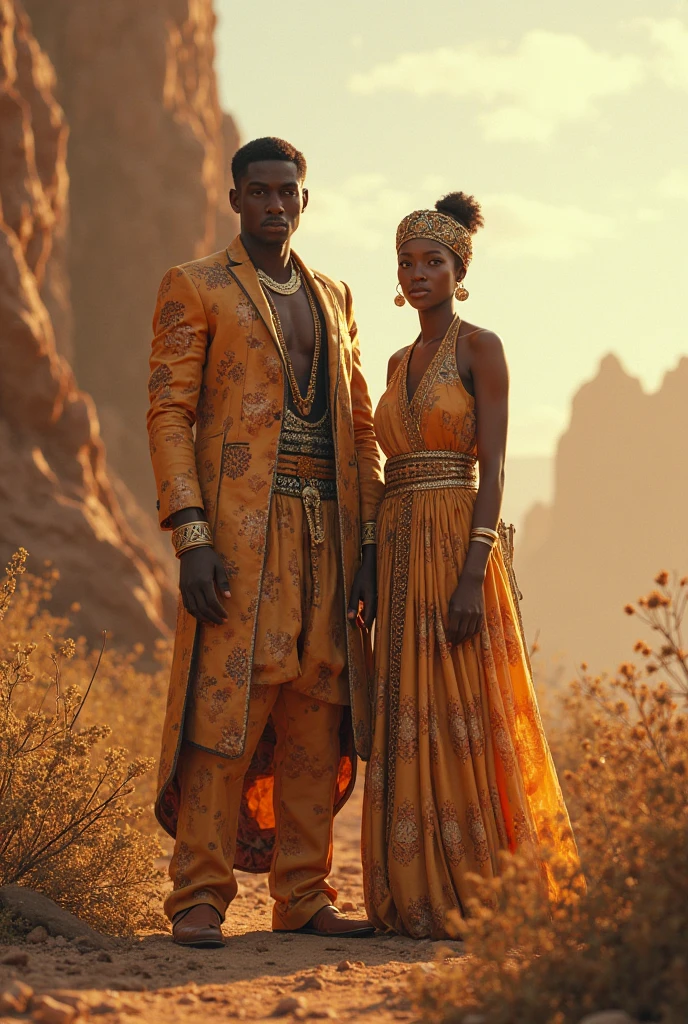 A photorealistic 4K cinematic image of a group of four young adults, a mix of Asian and Latino backgrounds, each exuding fierce individuality and confidence. They stand together in a vibrant, sunlit environment, dressed in tribal-inspired outfits that combine intricate patterns, rich fabrics, and vibrant colors, blending traditional elements with modern fashion.

Each member of the group is adorned with striking, oversized accessories, including large circular earrings, layered necklaces, and geometric sunglasses. Their clothing features flowing garments with detailed embroidery, bold colors, and luxurious fabrics, predominantly white with accents in gold, orange, blue, and purple.

The leader of the group, an Asian woman with her hair styled in a high, intricate bun, wears an off-the-shoulder top with voluminous sleeves and a fitted waist, accentuated by layers of golden chains and woven belts. Her gaze is intense, with vibrant, purple lips and sharp, angular features highlighted by the bright sunlight.

Beside her, a Latino man with strong features wears a similarly intricate outfit, his shirt adorned with gold and orange accents, large dangling earrings, and a layered chest piece. His sunglasses reflect the sunlight as he looks confidently into the distance, embodying a modern, tribal warrior vibe.

The other two members, one Asian and one Latino, wear complementary outfits with bold accessories, including large bracelets and beaded necklaces that add texture and depth to their looks. Their expressions are powerful, each embodying a unique sense of style and strength.

The backdrop is a sunlit street with warm, earthy tones, adding a natural contrast to the vibrant, richly colored outfits. The lighting enhances the textures and details of the fabrics and accessories, creating a cinematic atmosphere that captures the boldness and individuality of each character.

[Lighting: Bright sunlight with sharp contrasts] [Camera: Medium group shot] [Resolution: 4k]